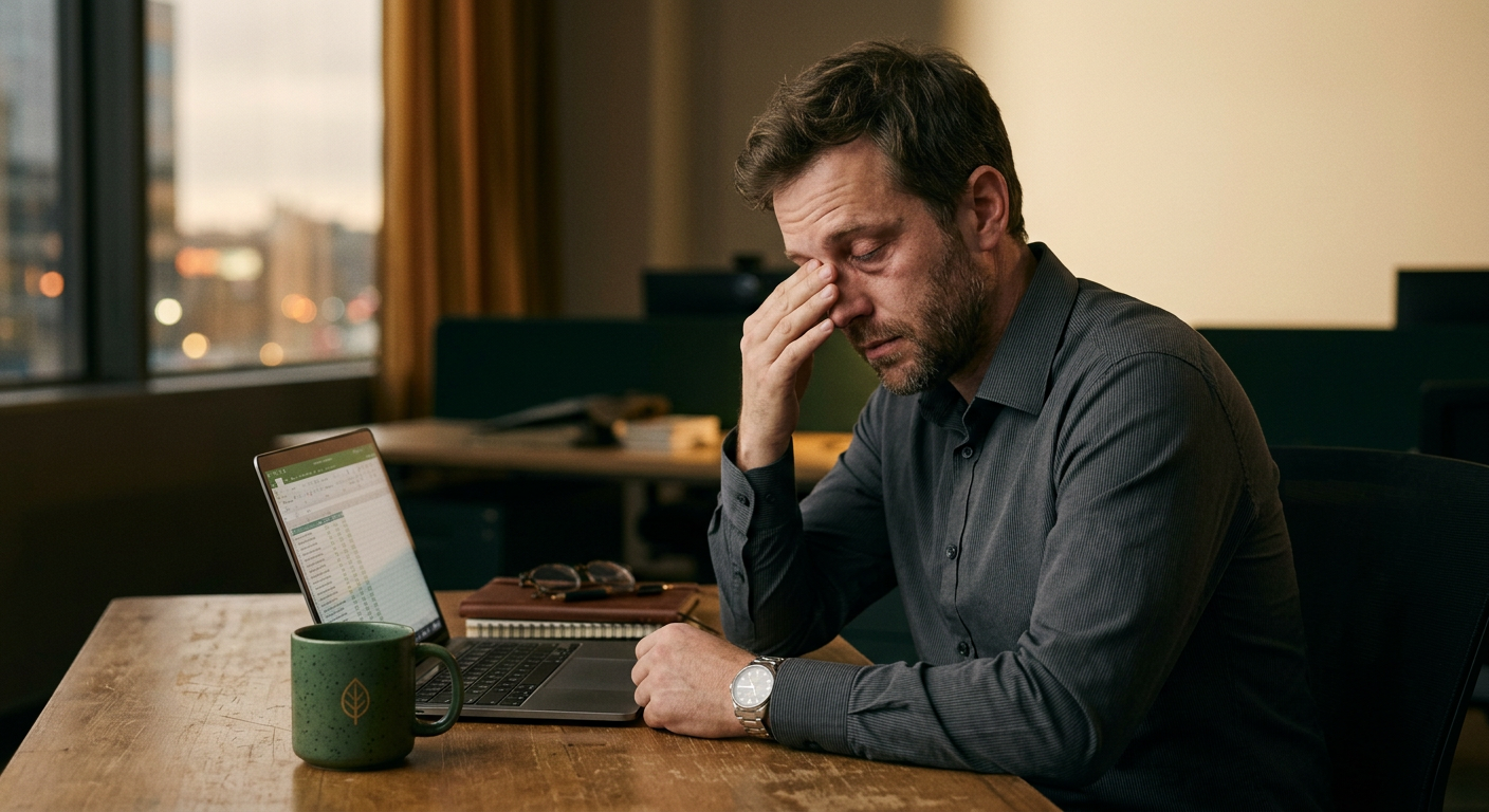 Hombre cansado en la oficina, sin energía